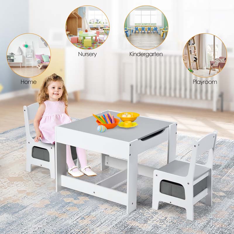 3-in-1 Kids Wood Table Chairs Set with Blackboard & Storage Drawers, Children Multi Activity Table for Learning Playing Drawing