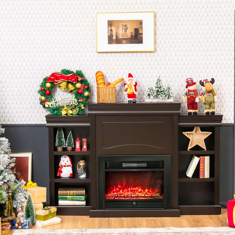 70" Mantel Fireplace TV Stand with 28.5" 750W/1500W Electric Fireplace Insert, Modern Media Fireplace Cabinet Built-in 6 Storage Shelves
