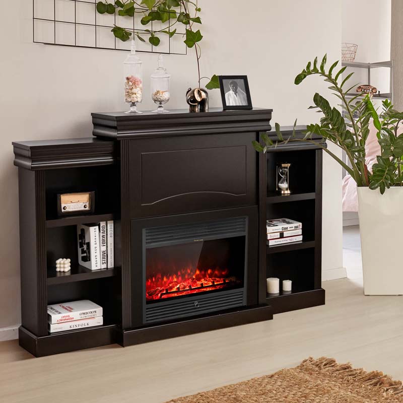 70" Mantel Fireplace TV Stand with 28.5" 750W/1500W Electric Fireplace Insert, Modern Media Fireplace Cabinet Built-in 6 Storage Shelves