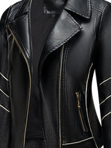 Women’s Slim Fit Zip-Up Leather Jacket – Striped Office Casual Coat