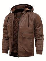 Men’s Hooded Leather Jacket – Quilted Lined Winter Casual Outerwear
