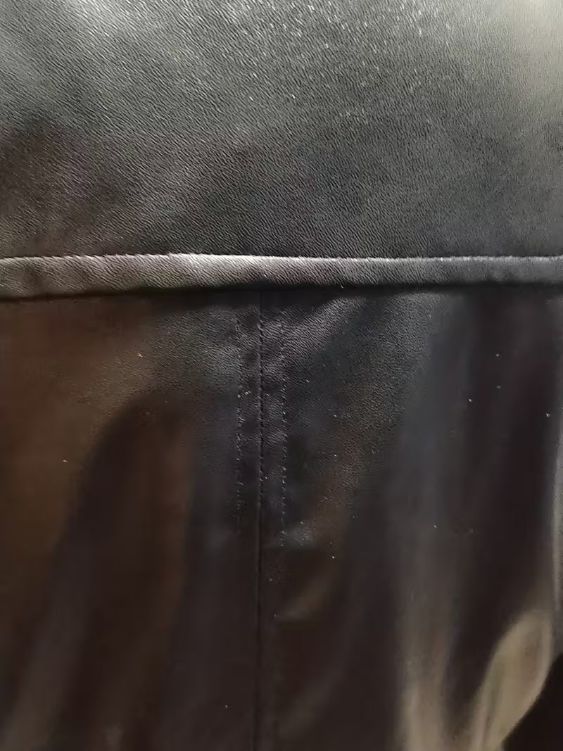 Women’s Black Elegant Leather Jacket – Zipper Details, Long Sleeve Fashion Outerwear