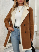 Women’s Leather Double-Breasted Coat – Long Sleeve Fall Winter Outerwear