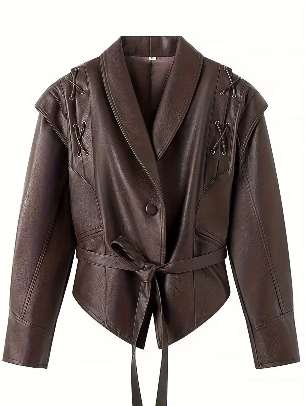 Women’s Vintage Biker Jacket – Brown Retro Streetwear Coat with Waist Tie