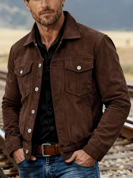 Men’s Vintage Suedette Sports Jacket – Solid Color Retro Lapel Button Coat