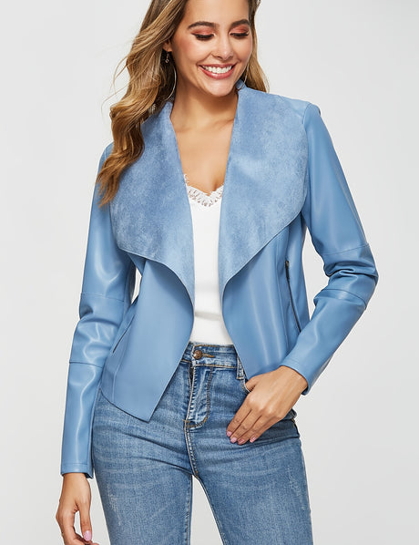 Women’s Open Front Leather Jacket – Classic Lapel Outerwear