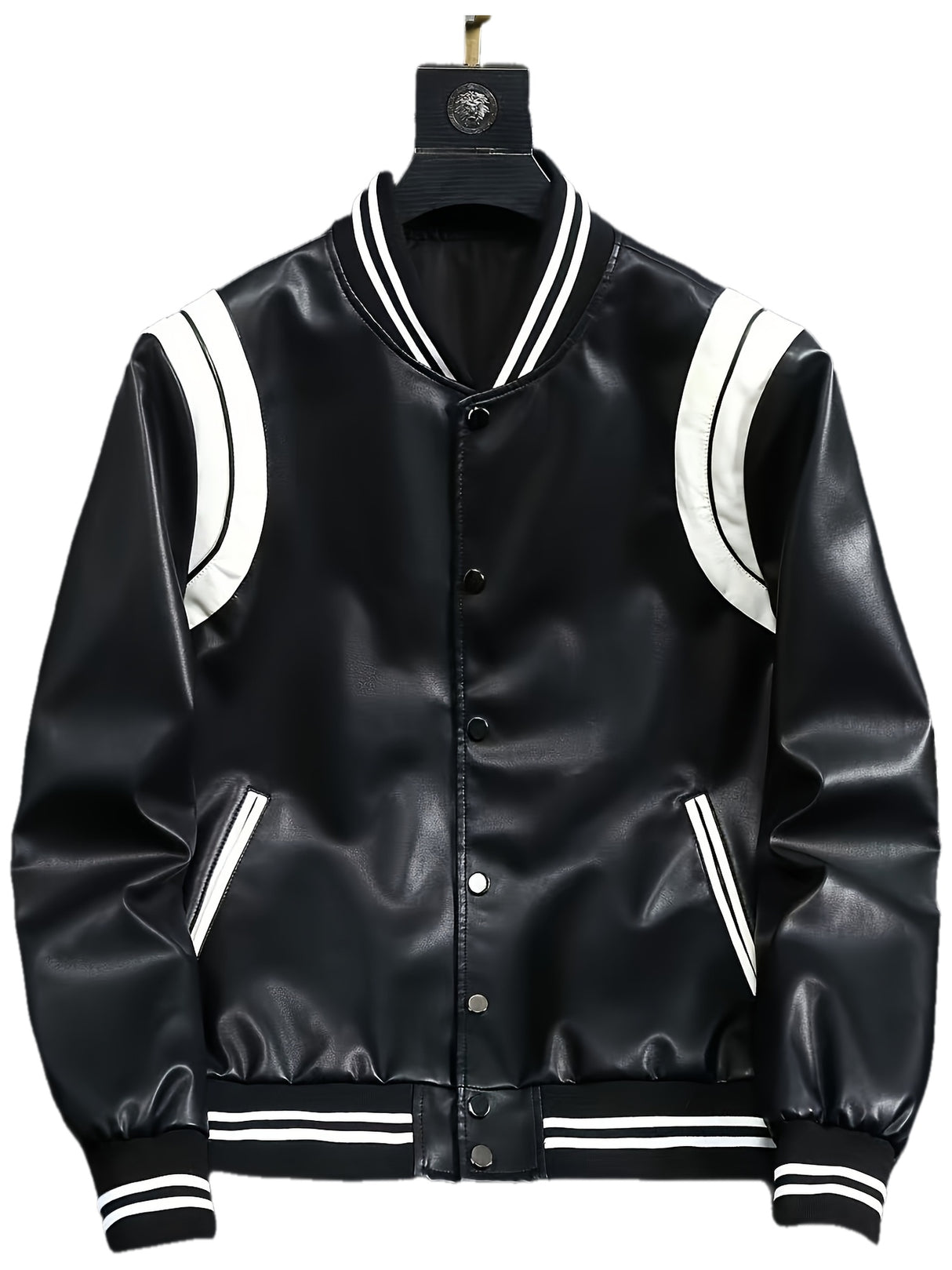 Men’s Leather Motorcycle Jacket – Color Block Stand Collar Baseball Coat