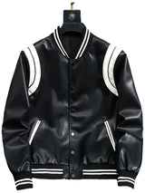 Men’s Leather Motorcycle Jacket – Color Block Stand Collar Baseball Coat