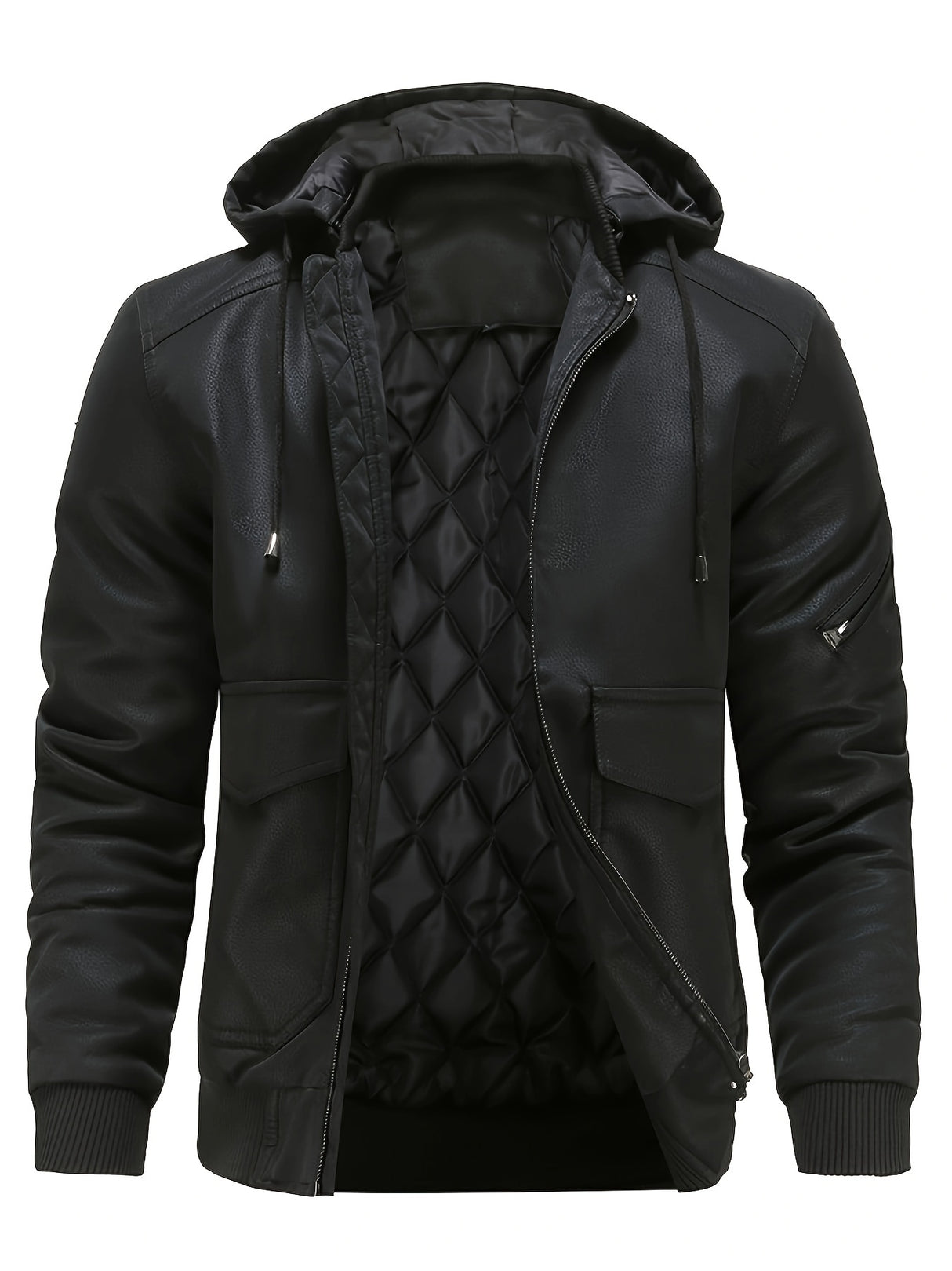 Men’s Hooded Leather Jacket – Quilted Lined Winter Casual Outerwear