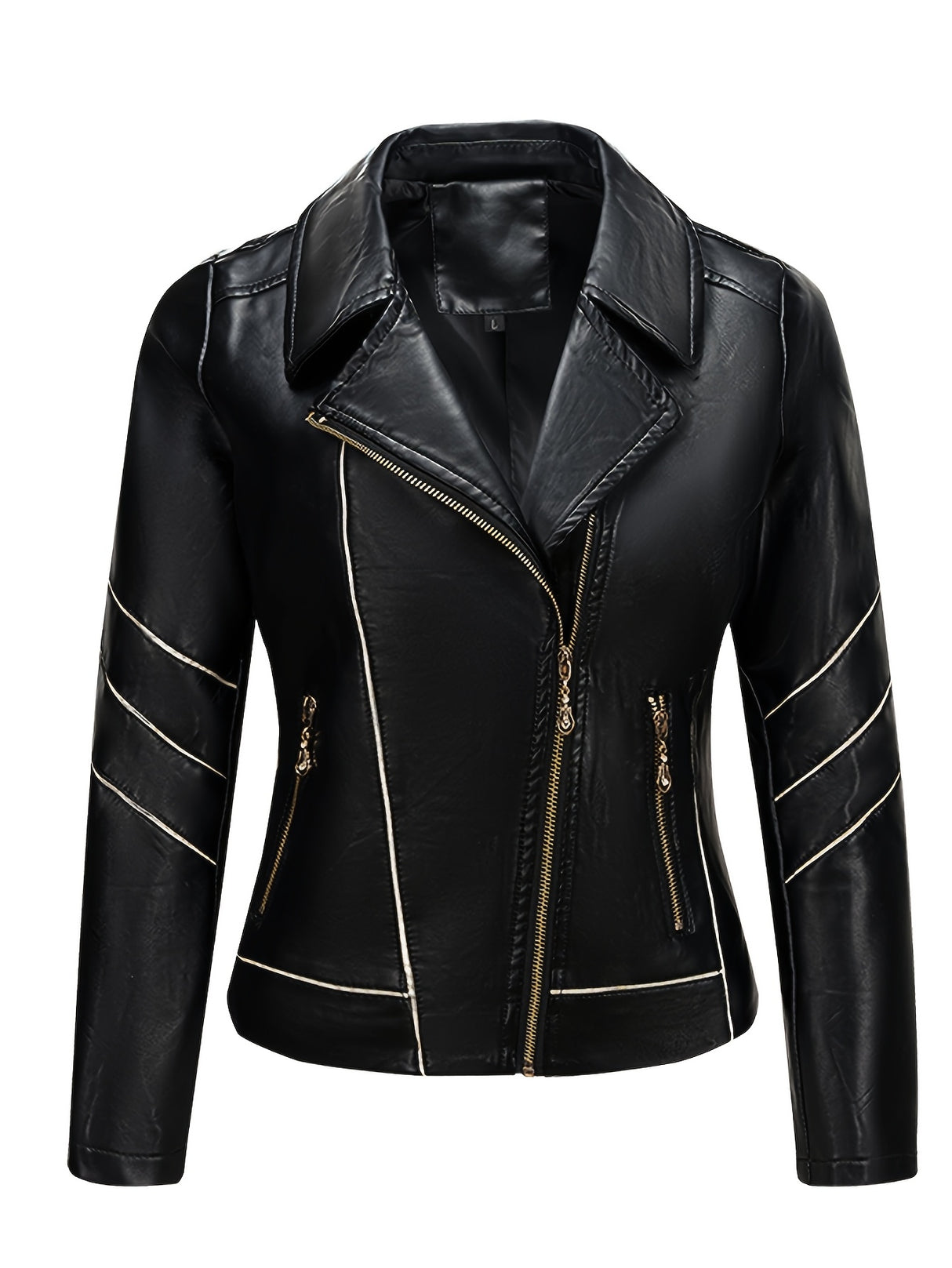 Women’s Slim Fit Zip-Up Leather Jacket – Striped Office Casual Coat