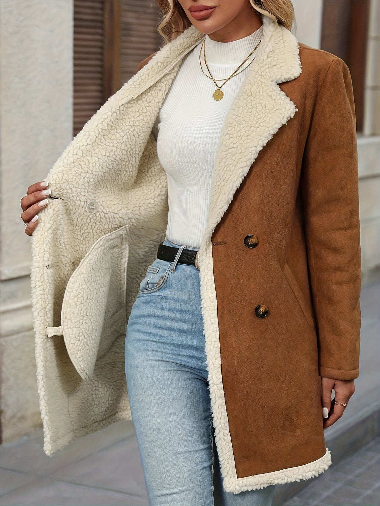 Women’s Leather Double-Breasted Coat – Long Sleeve Fall Winter Outerwear