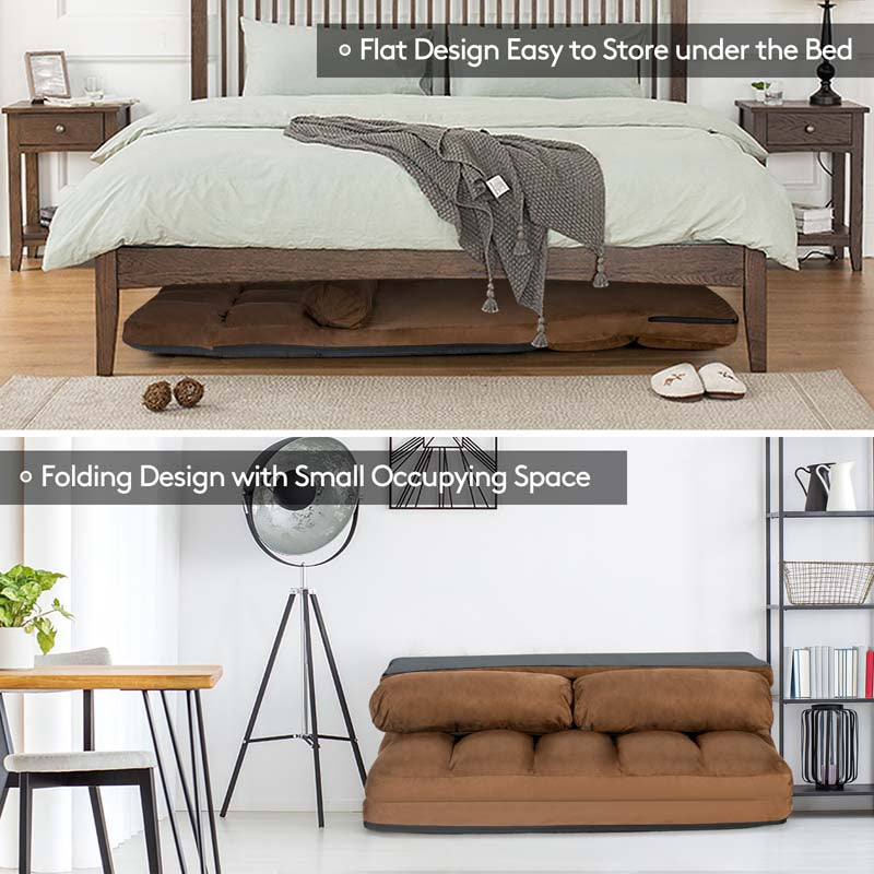 Floor Sofa 6-Position Adjustable, Foldable Lazy Sofa Sleeper Bed, Suede Cloth Cover, Floor Gaming Sofa Couch with 2 Pillows