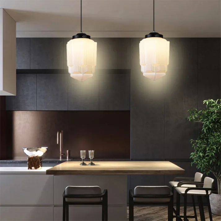 Geometric Milk Glass Pendant Light Fixture - Vintage White Design for Kitchen & Dining Room Lighting