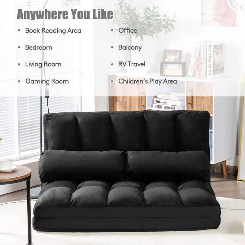 Floor Sofa 6-Position Adjustable, Foldable Lazy Sofa Sleeper Bed, Suede Cloth Cover, Floor Gaming Sofa Couch with 2 Pillows