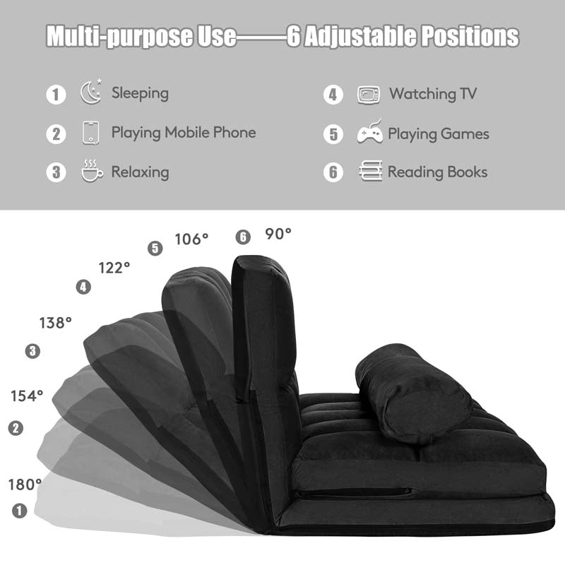 Floor Sofa 6-Position Adjustable, Foldable Lazy Sofa Sleeper Bed, Suede Cloth Cover, Floor Gaming Sofa Couch with 2 Pillows