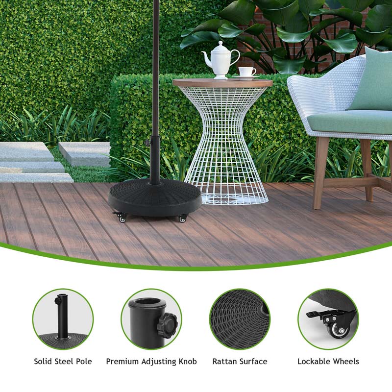 50 LBS Rattan Style Resin Patio Umbrella Base Stand with Lockable Wheels, 20.5" Heavy-Duty Round Outdoor Umbrella Holder