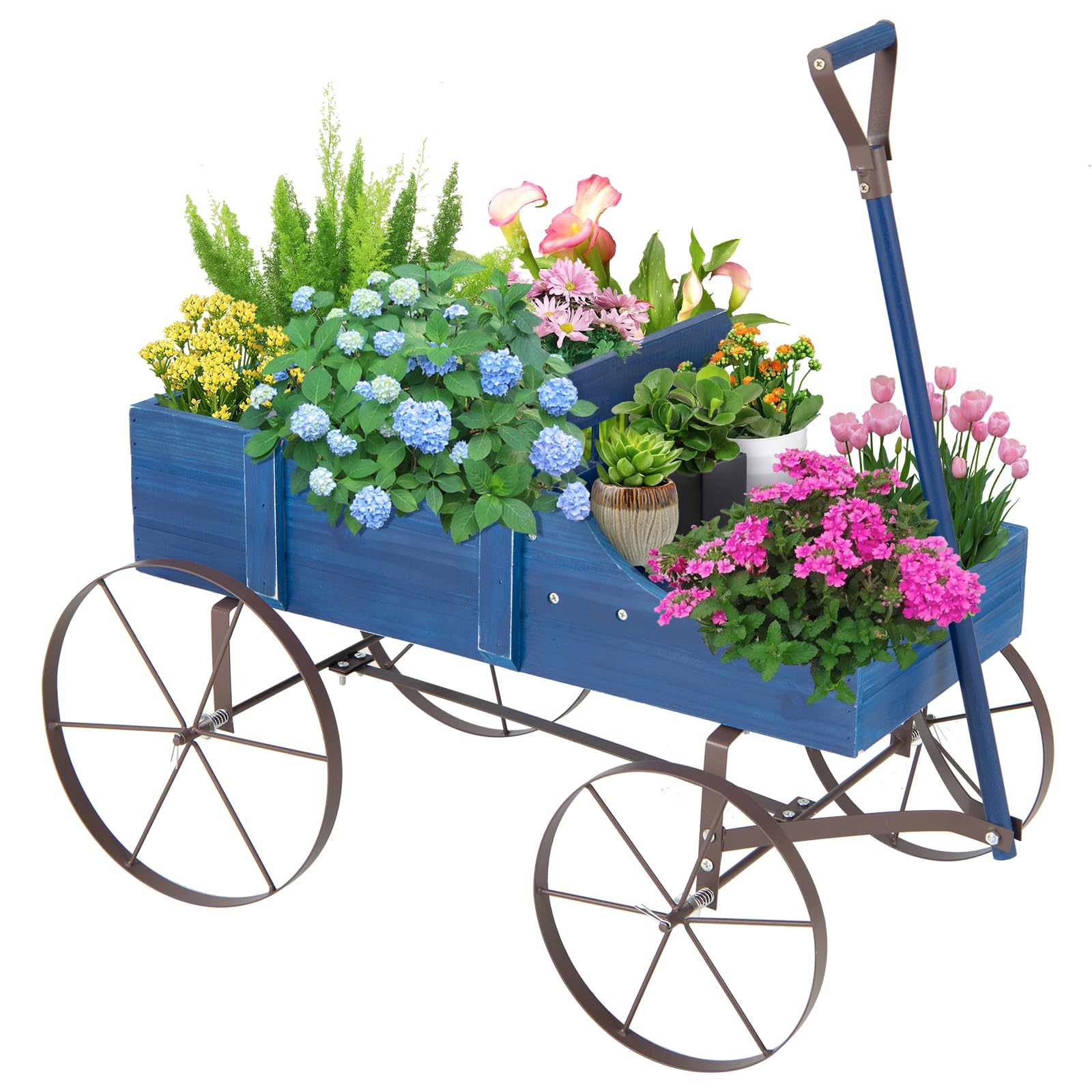 24.5" x 13.5" x 24"  Wooden Wagon Planter, Decorative Garden Planter Box with 2 Planting Sections, Wheels, Handle, Small Decorated Cart