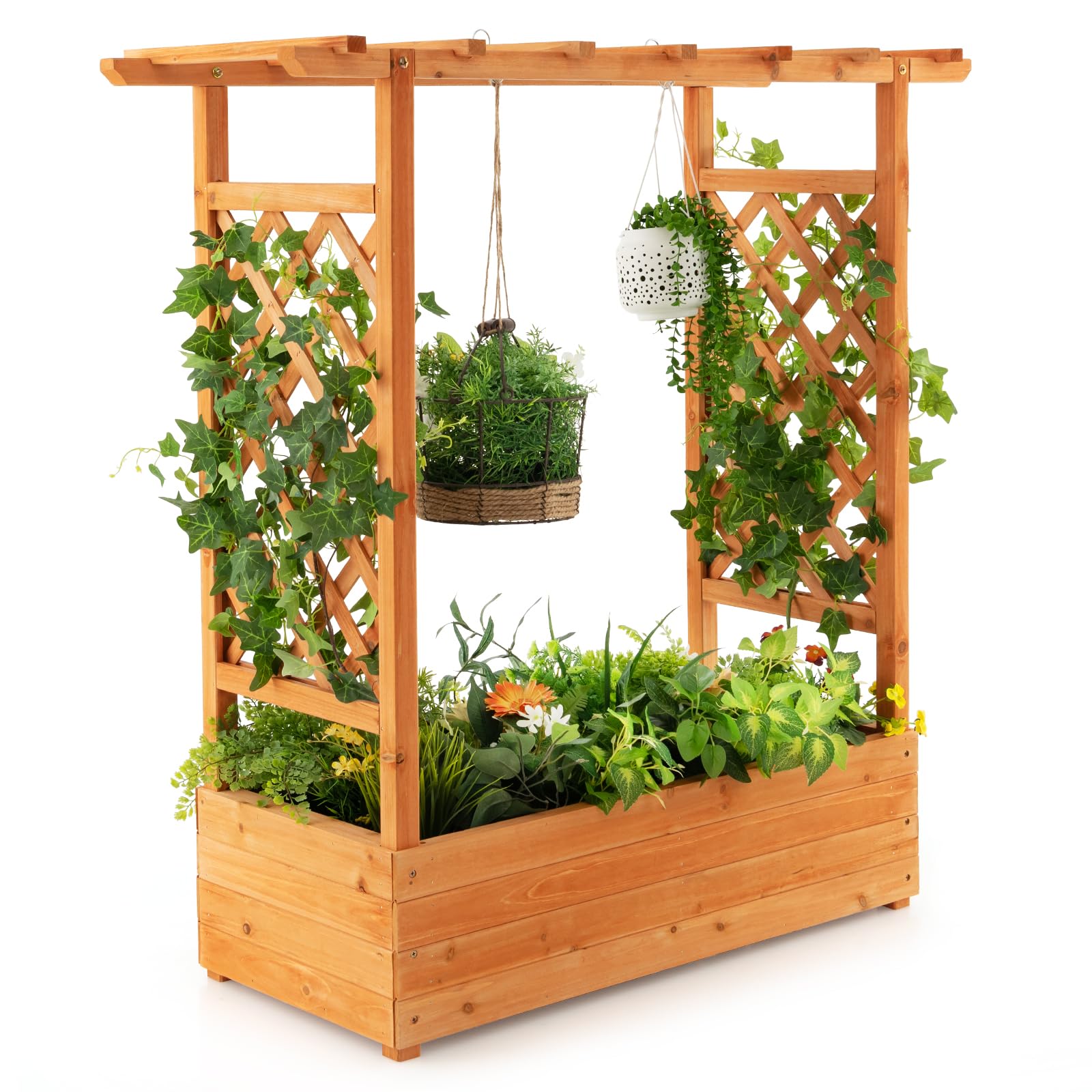 43.5"L x 17.5"W x 44"H Raised Garden Bed Planter Box with Trellis & Hanging Roof, Lattice Panel with Drainage Hole for Flower, Climbing Plant, Herb