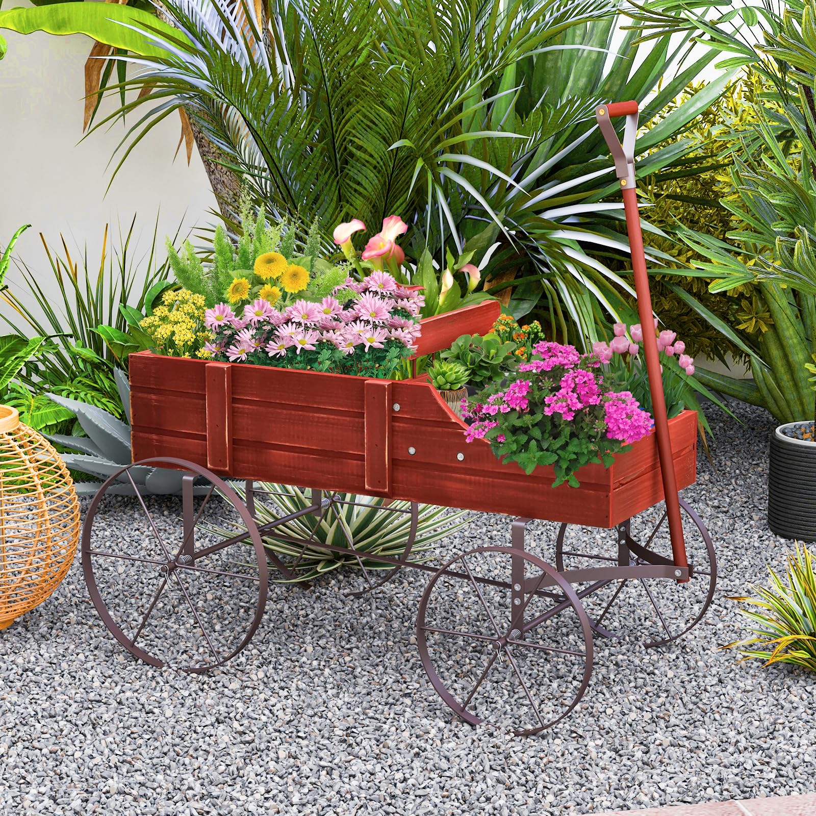24.5" x 13.5" x 24"  Wooden Wagon Planter, Decorative Garden Planter Box with 2 Planting Sections, Wheels, Handle, Small Decorated Cart