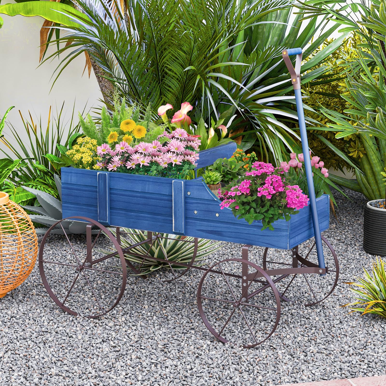 24.5" x 13.5" x 24"  Wooden Wagon Planter, Decorative Garden Planter Box with 2 Planting Sections, Wheels, Handle, Small Decorated Cart