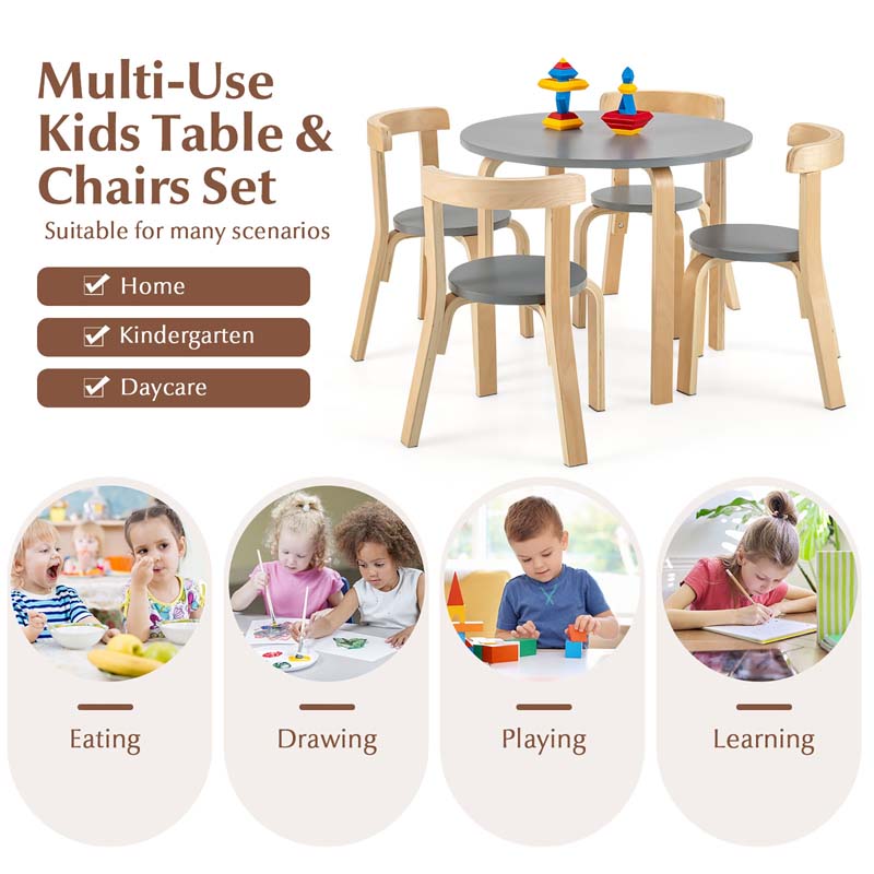 5-Piece Bentwood Kids Table & Chair Set, Toddler Activity Table with 4 Chairs, Toy Bricks, Classroom Playroom Daycare Furniture
