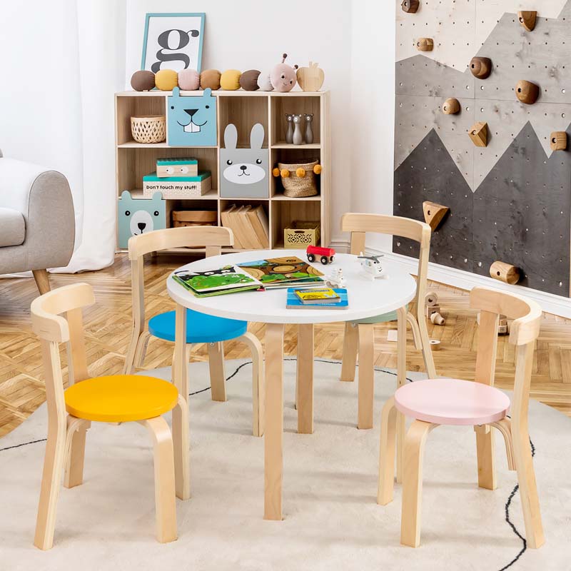 5-Piece Bentwood Kids Table & Chair Set, Toddler Activity Table with 4 Chairs, Toy Bricks, Classroom Playroom Daycare Furniture