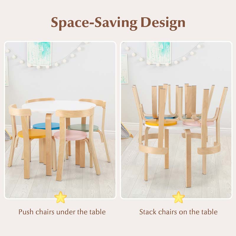 5-Piece Bentwood Kids Table & Chair Set, Toddler Activity Table with 4 Chairs, Toy Bricks, Classroom Playroom Daycare Furniture