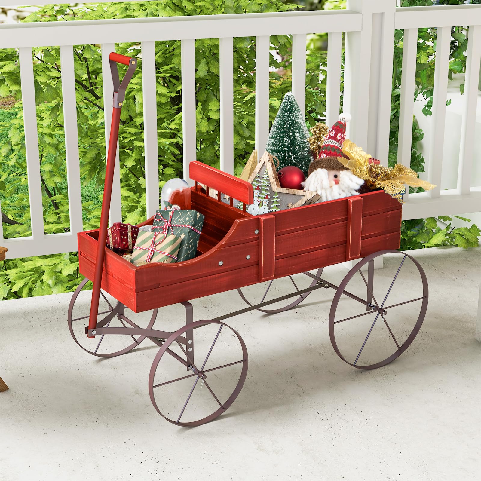 24.5" x 13.5" x 24"  Wooden Wagon Planter, Decorative Garden Planter Box with 2 Planting Sections, Wheels, Handle, Small Decorated Cart