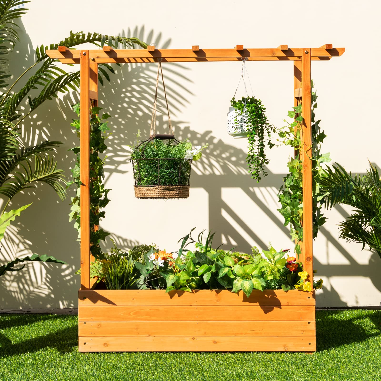 43.5"L x 17.5"W x 44"H Raised Garden Bed Planter Box with Trellis & Hanging Roof, Lattice Panel with Drainage Hole for Flower, Climbing Plant, Herb