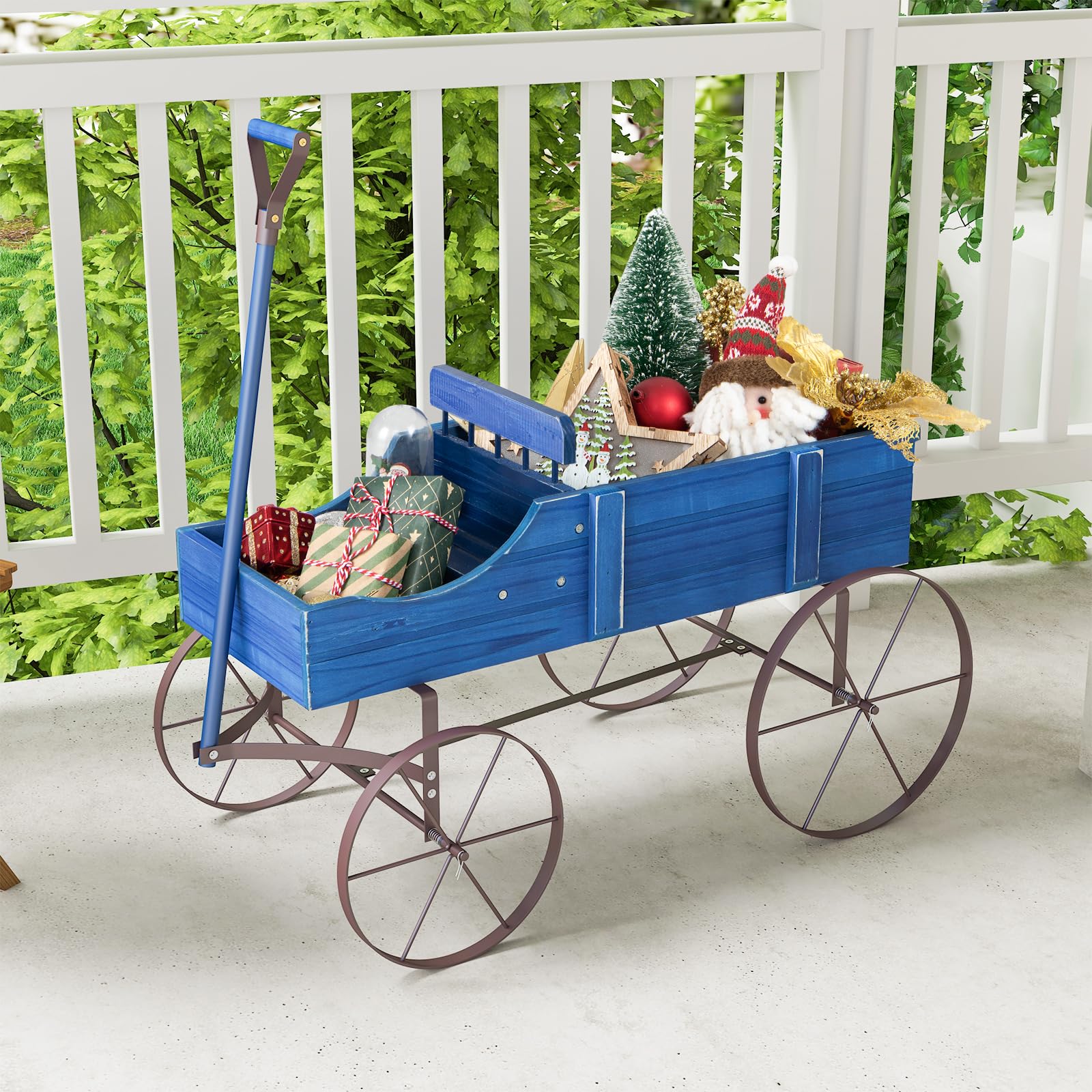 24.5" x 13.5" x 24"  Wooden Wagon Planter, Decorative Garden Planter Box with 2 Planting Sections, Wheels, Handle, Small Decorated Cart