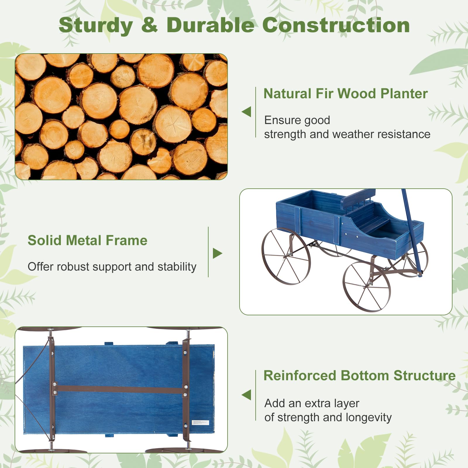 24.5" x 13.5" x 24"  Wooden Wagon Planter, Decorative Garden Planter Box with 2 Planting Sections, Wheels, Handle, Small Decorated Cart