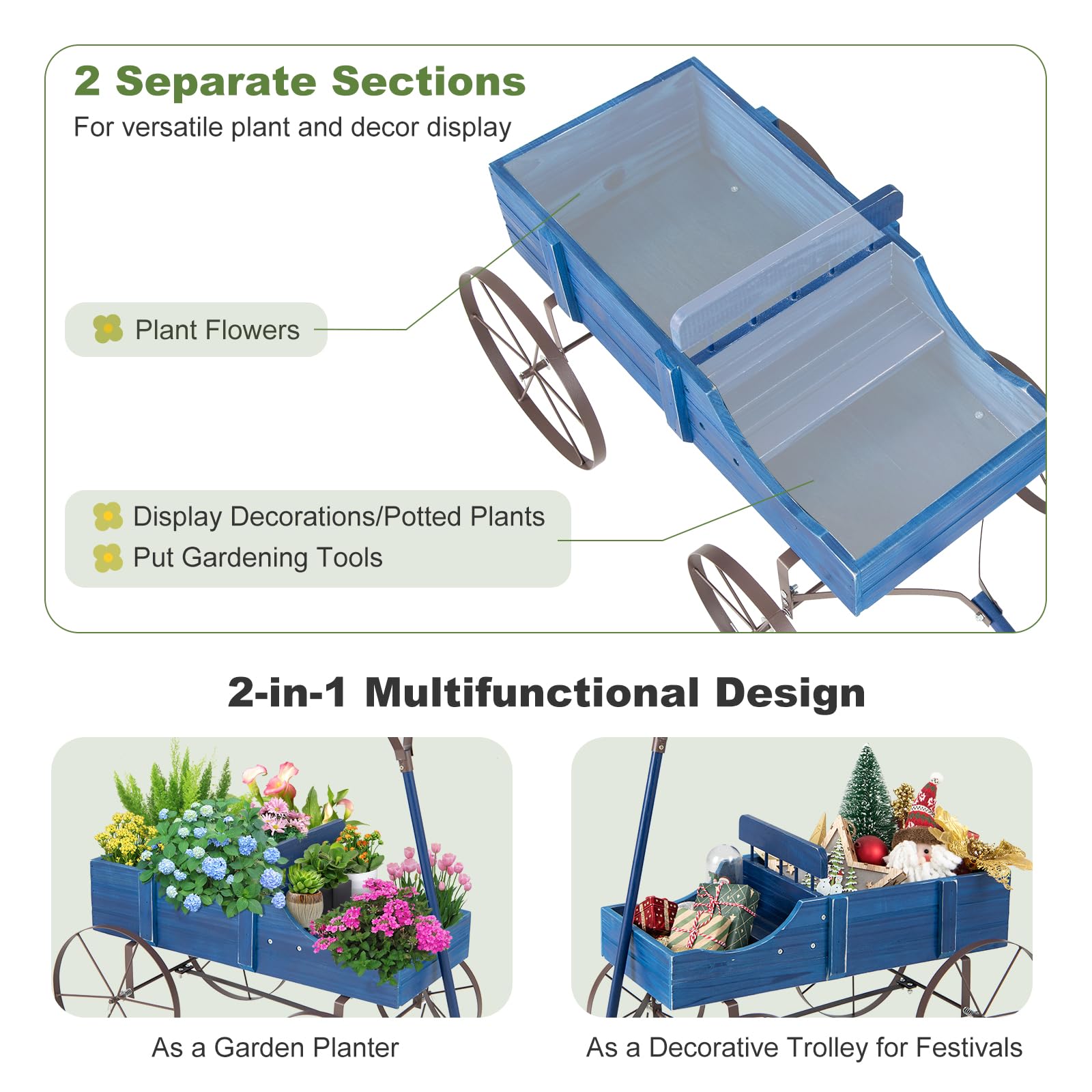 24.5" x 13.5" x 24"  Wooden Wagon Planter, Decorative Garden Planter Box with 2 Planting Sections, Wheels, Handle, Small Decorated Cart
