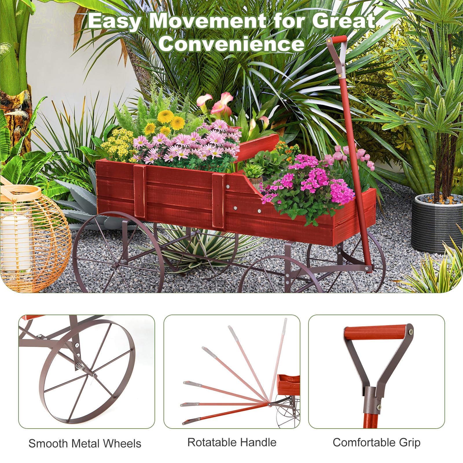 24.5" x 13.5" x 24"  Wooden Wagon Planter, Decorative Garden Planter Box with 2 Planting Sections, Wheels, Handle, Small Decorated Cart