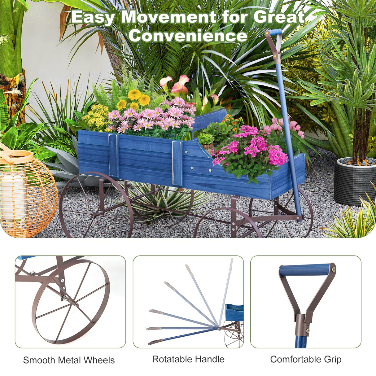 24.5" x 13.5" x 24"  Wooden Wagon Planter, Decorative Garden Planter Box with 2 Planting Sections, Wheels, Handle, Small Decorated Cart