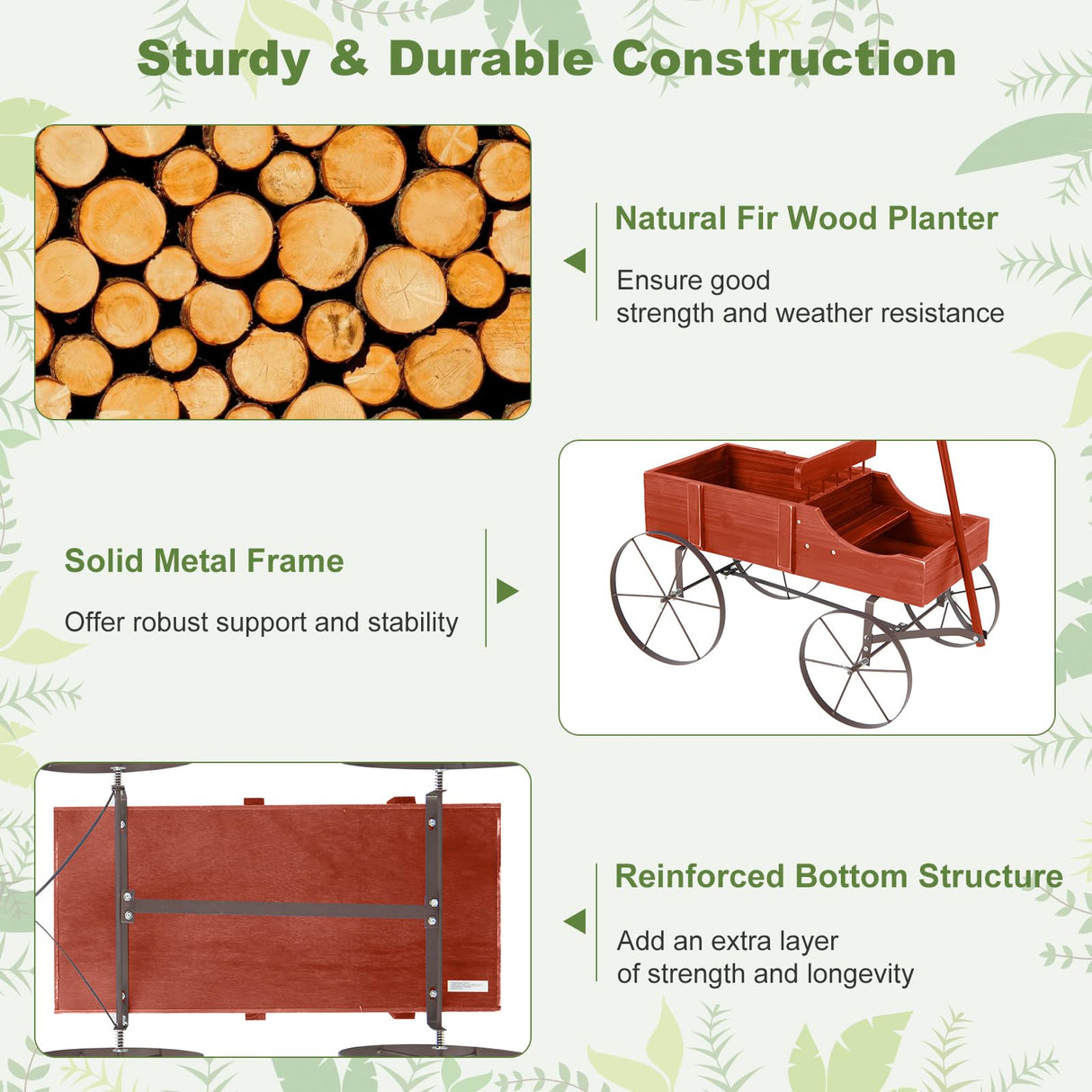 24.5" x 13.5" x 24"  Wooden Wagon Planter, Decorative Garden Planter Box with 2 Planting Sections, Wheels, Handle, Small Decorated Cart