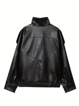 Women’s Retro Bomber Jacket – H-Line Loose Fit Zip-Up Black Outerwear