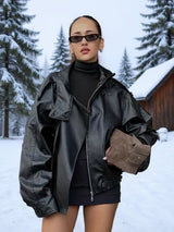 Women’s Retro Bomber Jacket – H-Line Loose Fit Zip-Up Black Outerwear