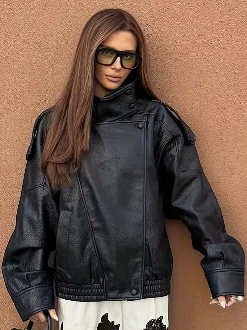 Women’s Retro Bomber Jacket – H-Line Loose Fit Zip-Up Black Outerwear