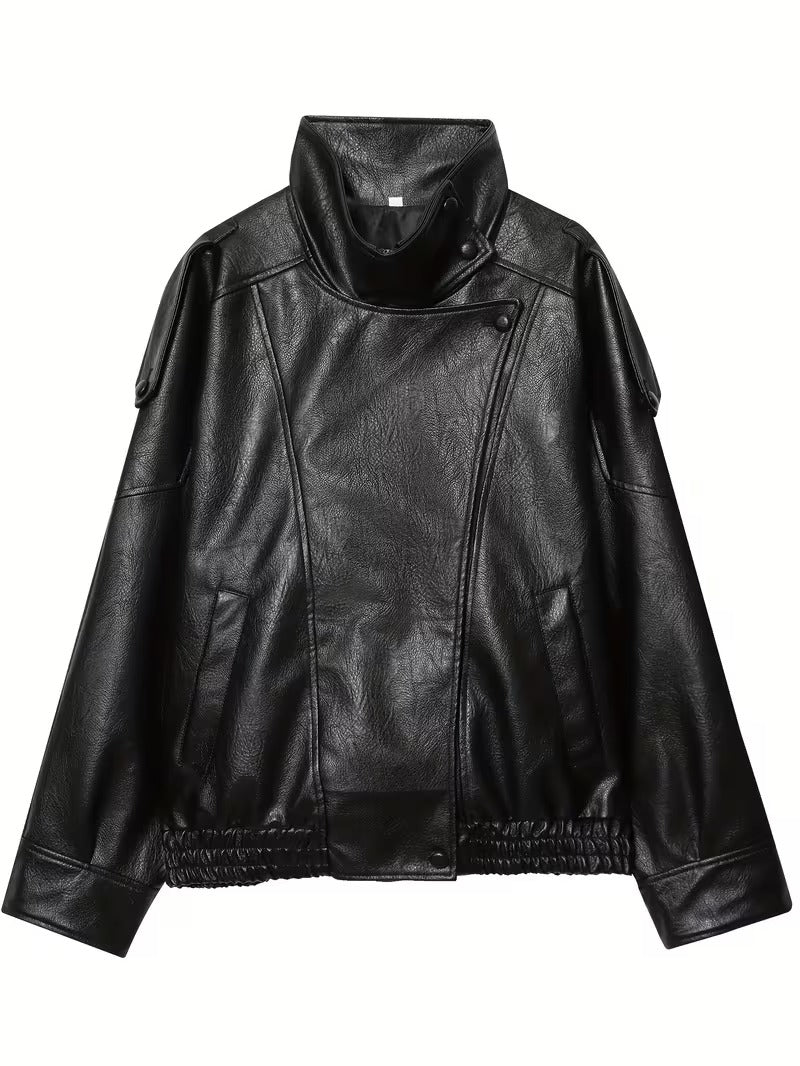 Women’s Retro Bomber Jacket – H-Line Loose Fit Zip-Up Black Outerwear