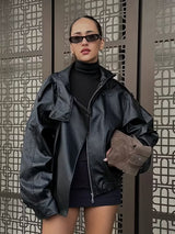 Women’s Retro Bomber Jacket – H-Line Loose Fit Zip-Up Black Outerwear
