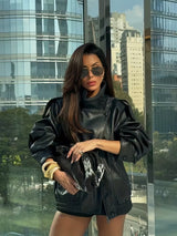 Women’s Retro Bomber Jacket – H-Line Loose Fit Zip-Up Black Outerwear