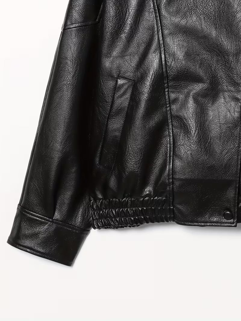 Women’s Retro Bomber Jacket – H-Line Loose Fit Zip-Up Black Outerwear