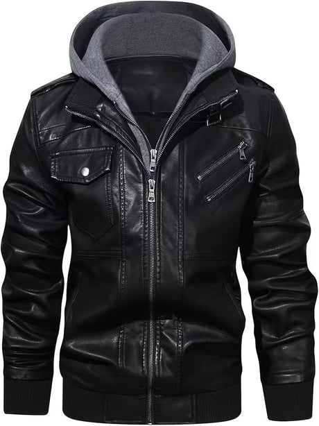 Titan Men’s Vintage Leather Moto Biker Jacket with Hood