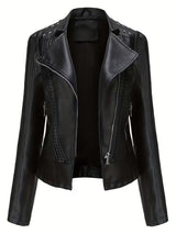 Women’s Leather Biker Jacket – Short Moto Coat with Stand Collar
