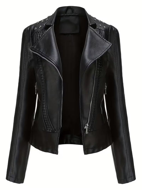 Women’s Leather Biker Jacket – Short Moto Coat with Stand Collar