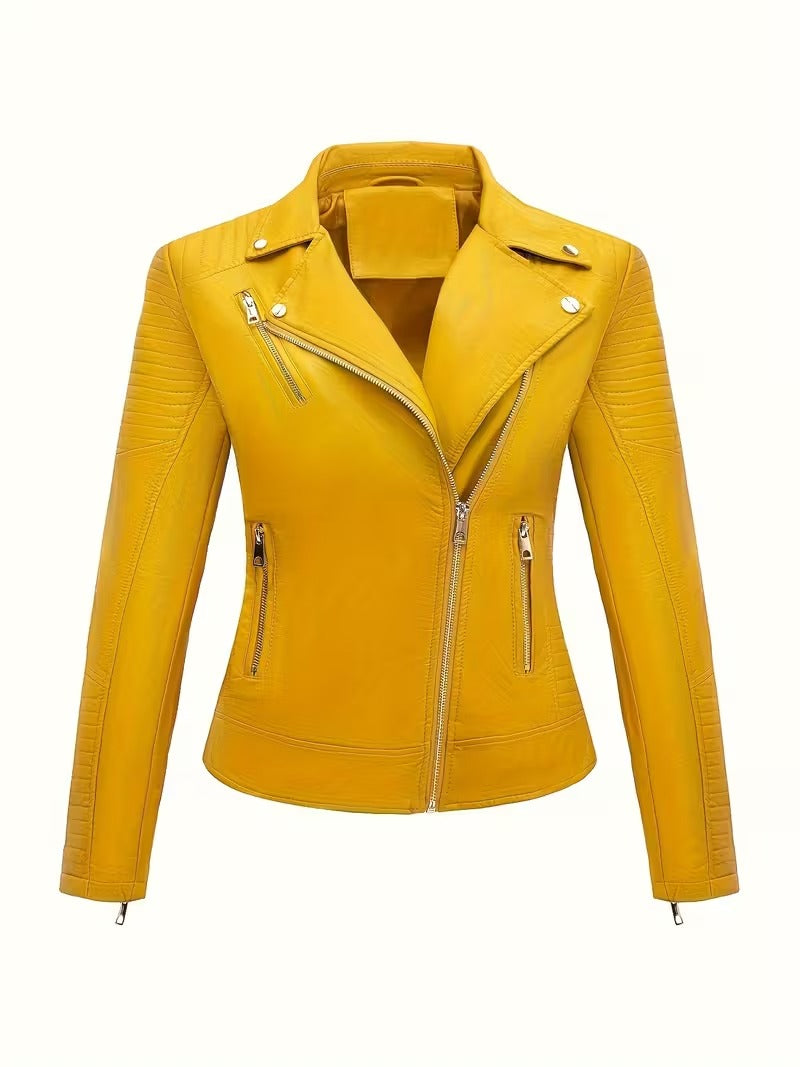 Women’s Leather-Look Short Motorcycle Jacket – Casual & Versatile Coat