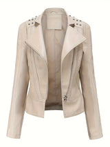 Women’s Leather Biker Jacket – Short Moto Coat with Stand Collar