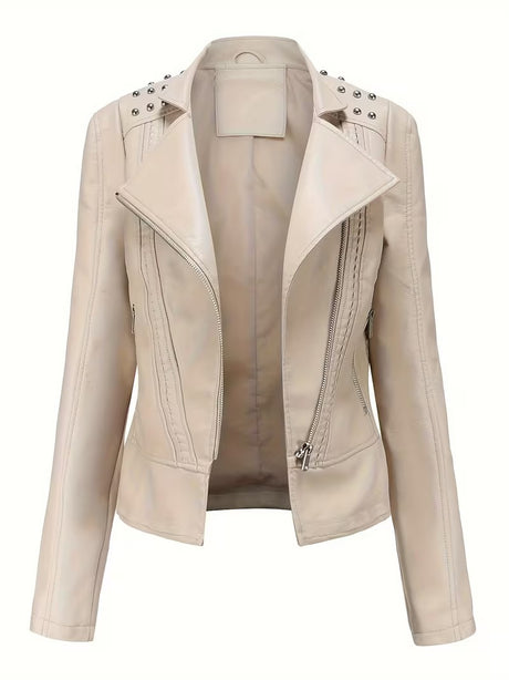Women’s Leather Biker Jacket – Short Moto Coat with Stand Collar