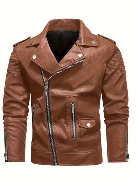 Men’s Black Leather Motorcycle Jacket – Windproof Full-Zip Biker Coat