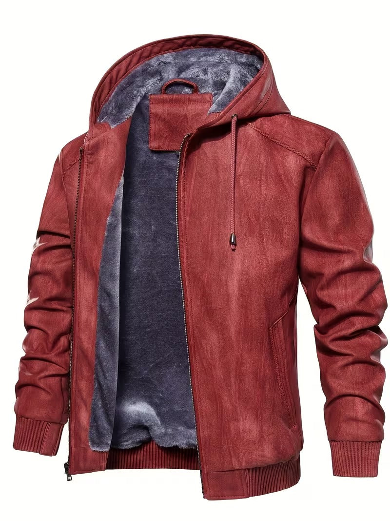 Men’s Vintage Leather Hooded Jacket – Tear-Resistant & Cozy Winter Coat